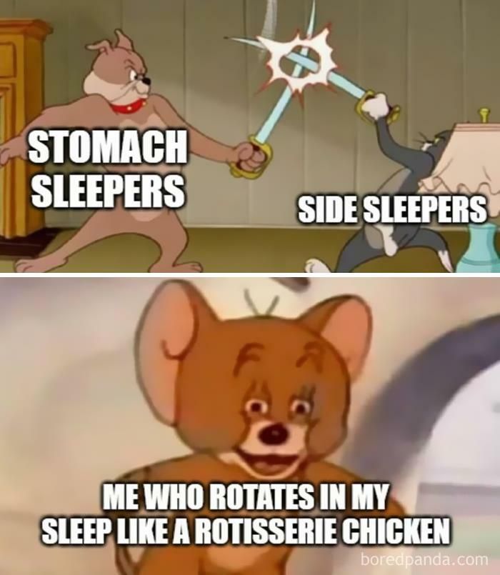 STOMACH
SLEEPERS
SIDE SLEEPERS
ME WHO ROTATES IN MY
SLEEP LIKE A ROTISSERIE CHICKEN
boredpanda.com