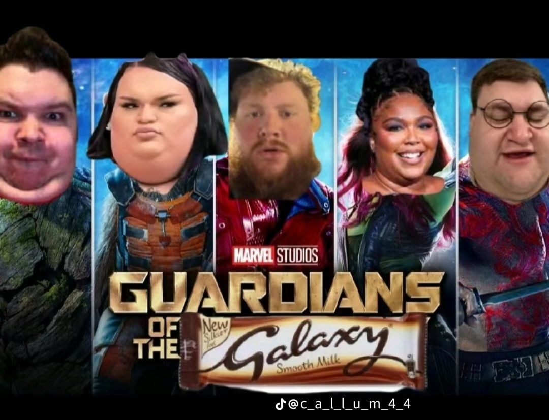 A parody image of the movie poster "Guardians of the Galaxy", with different people's heads superimposed on the characters and a chocolate bar in the middle of the poster. The superimposed faces include a man on the left with a green textured skin, a woman in the middle-left with dark hair, a man in the middle with reddish hair, a black woman with dark hair, and a man with glasses on the right. Text on the image includes the movie title, "Guardians of the Galaxy" and "Marvel Studios". Below the title, a chocolate bar is shown with the text "Galaxy Smooth Milk" and the Tiktok handle "@c_a_l_l_u_m_4_4".