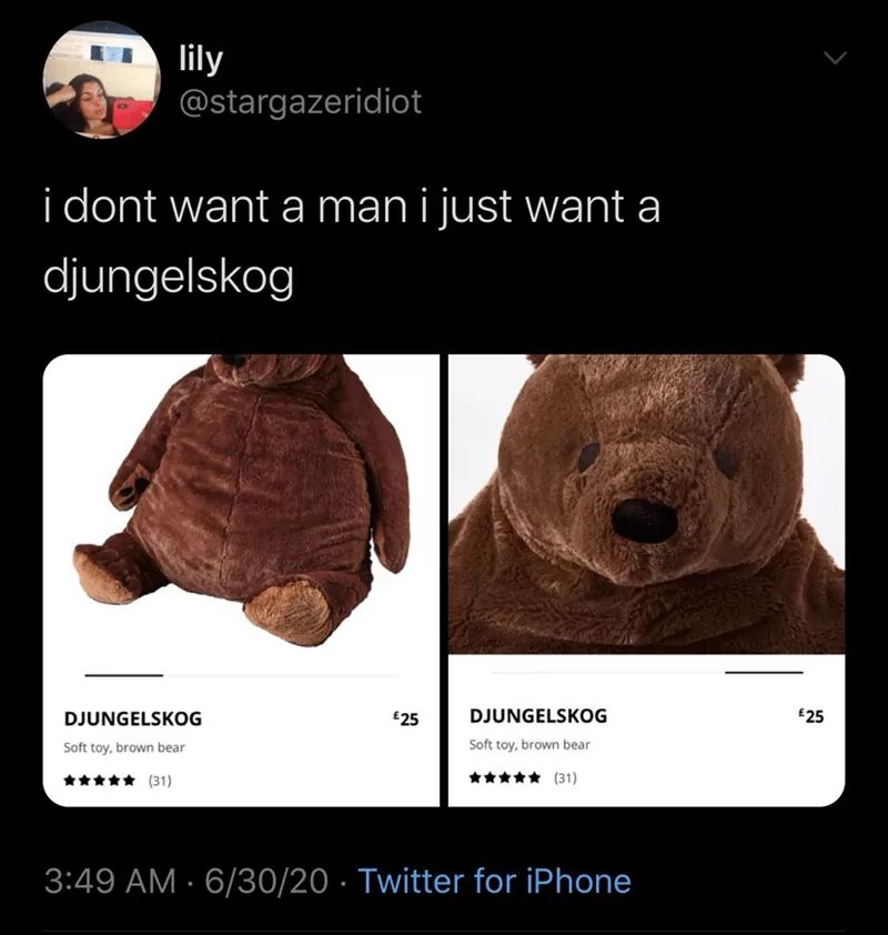 lily
@stargazeridiot
i dont want a man i just want a
djungelskog
DJUNGELSKOG
Soft toy, brown bear
£25
DJUNGELSKOG
£25
Soft toy, brown bear
(31)
(31)
3:49 AM 6/30/20 Twitter for iPhone
.