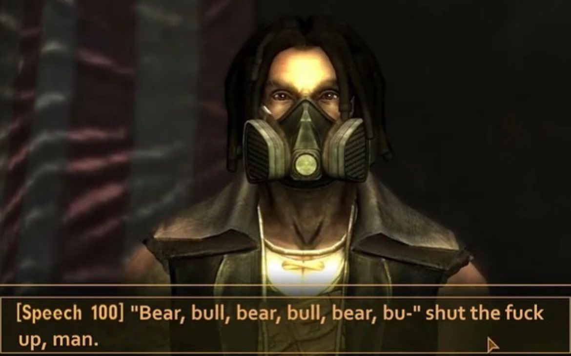 [Speech 100] "Bear, bull, bear, bull, bear, bu-" shut the fuck
up, man.