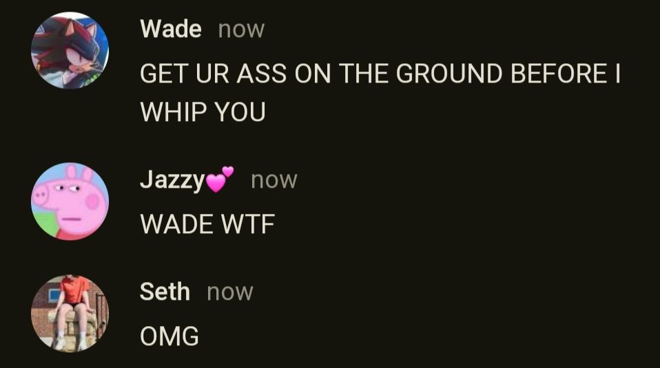 Wade now
GET UR ASS ON THE GROUND BEFORE I
WHIP YOU
Jazzy❤now
WADE WTF
Seth now
OMG