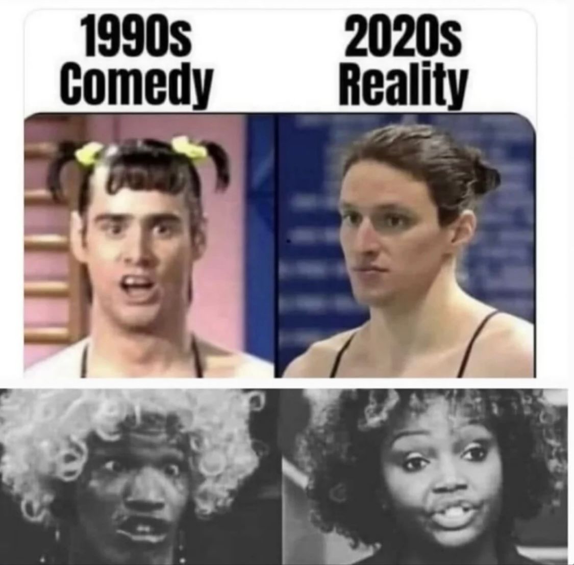 The image is a four-panel comparison. The top left panel shows a photo of Jim Carrey with pigtails and a surprised expression, labeled "1990s Comedy". The top right panel features a photo of a woman with a serious face, labeled "2020s Reality". The bottom two panels show a similar comparison with two people of color. The person on the left has a white wig and exaggerated facial expressions, while the person on the right has a more natural expression.