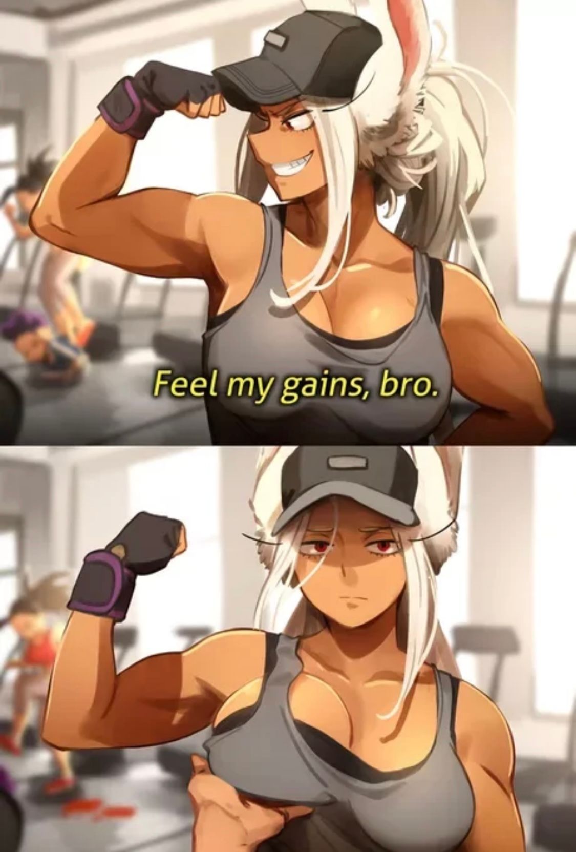 A woman with rabbit ears in two panels. In the first panel, she's flexing and smiling, with the text "Feel my gains, bro". In the second panel, she is looking more serious, still flexing and allowing her chest to be grabbed by a hand.