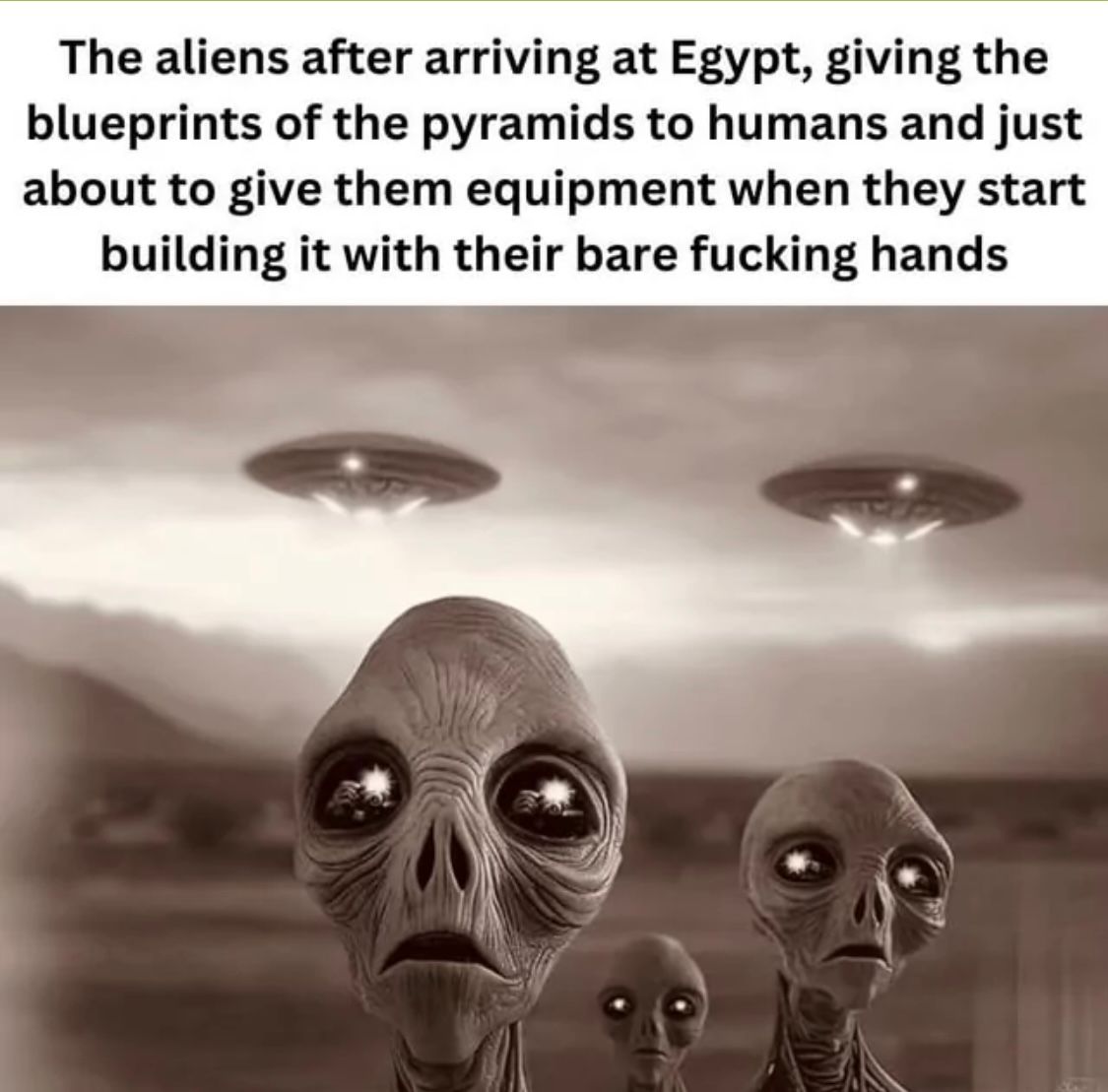 The aliens after arriving at Egypt, giving the
blueprints of the pyramids to humans and just
about to give them equipment when they start
building it with their bare fucking hands