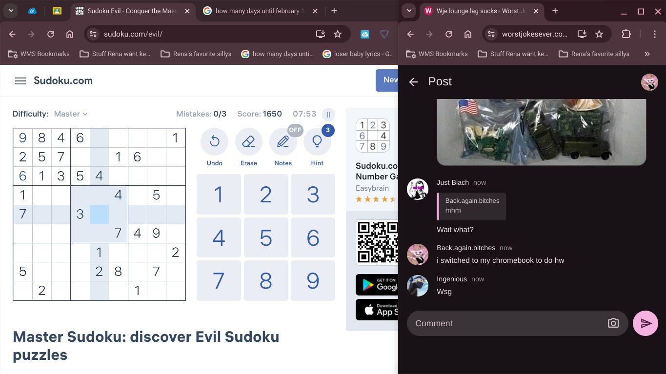 The image shows two computer screens side by side. On the left is a webpage for an online Sudoku game. On the right is a messaging app showing a conversation about doing homework. The user says they switched to their chromebook to do hw. The person they are chatting with responds "Ingenious" and "Wsg".