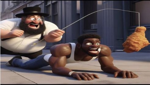 A 3D rendered image shows two cartoonish men on a city street. One man with a beard, a black hat, and a white shirt is holding a fishing pole with a fried chicken leg attached as a lure. The other man on his hands and knees is crawling towards the chicken with a surprised expression.