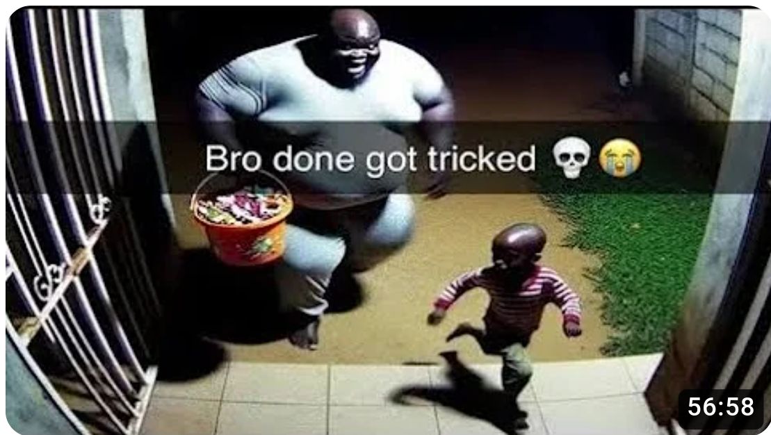 A security camera image shows a large man with a bucket full of candy standing on a porch with a child running away. The text on the image reads "Bro done got tricked" with skull and surprised face emojis.