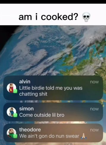 am i cooked?
alvin
Little birdie told me you was
chatting shit
simon
Come outside lil bro
theodore
We ain't gon do nun swear A
now
now
now