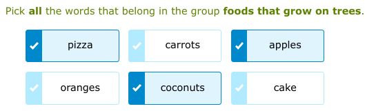 Pick all the words that belong in the group foods that grow on trees.
pizza
carrots
apples
oranges
coconuts
cake