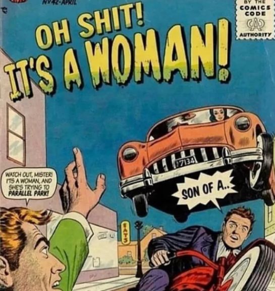 OH SHIT!
IT'S A WOMAN!
BY THE
COMICS
CODE
CAD
AUTHORITY
WATCH OUT, MISTER
ITS A WOMAN, AND
SHE'S TRYING TO
PARALLEL PARK!
0
475
97134
SON OF A..