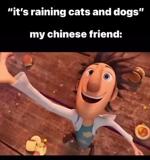 "it's raining cats and dogs"
my chinese friend: