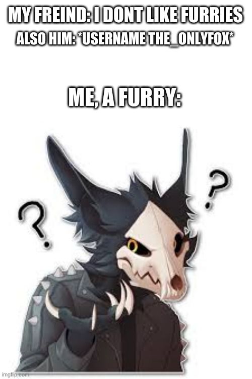 MY FREIND: I DONT LIKE FURRIES
ALSO HIM: "USERNAME THE ONLYFOX®
ME, A FURRY:
?
?
