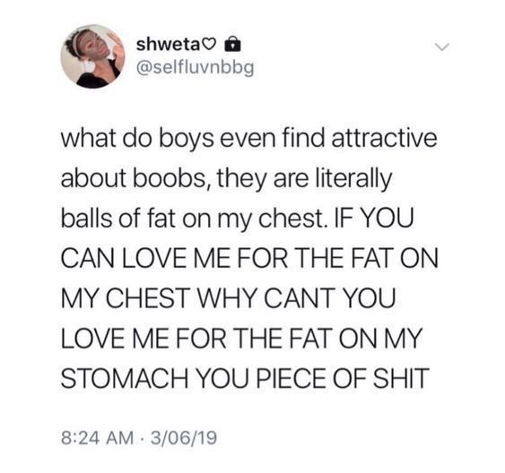 shweta
@selfluvnbbg
what do boys even find attractive
about boobs, they are literally
balls of fat on my chest. IF YOU
CAN LOVE ME FOR THE FAT ON
MY CHEST WHY CANT YOU
LOVE ME FOR THE FAT ON MY
STOMACH YOU PIECE OF SHIT
8:24 AM 3/06/19
>