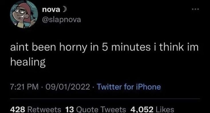 nova >
@slapnova
aint been horny in 5 minutes i think im
healing
7:21 PM 09/01/2022 Twitter for iPhone
428 Retweets 13 Quote Tweets 4,052 Likes