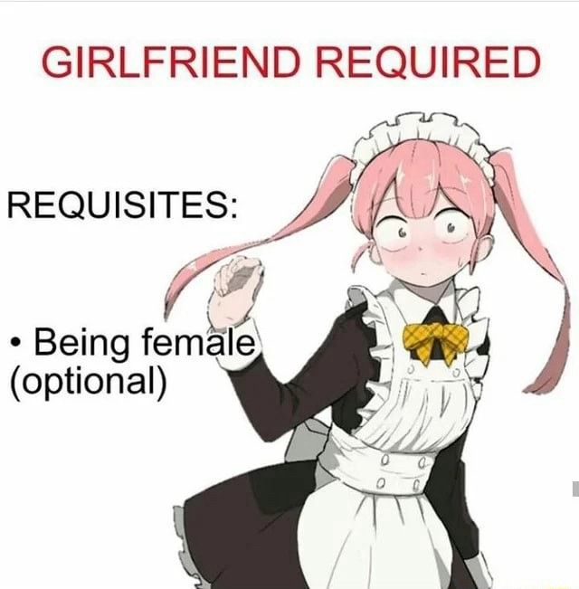 GIRLFRIEND REQUIRED
REQUISITES:
• Being female
(optional)
0