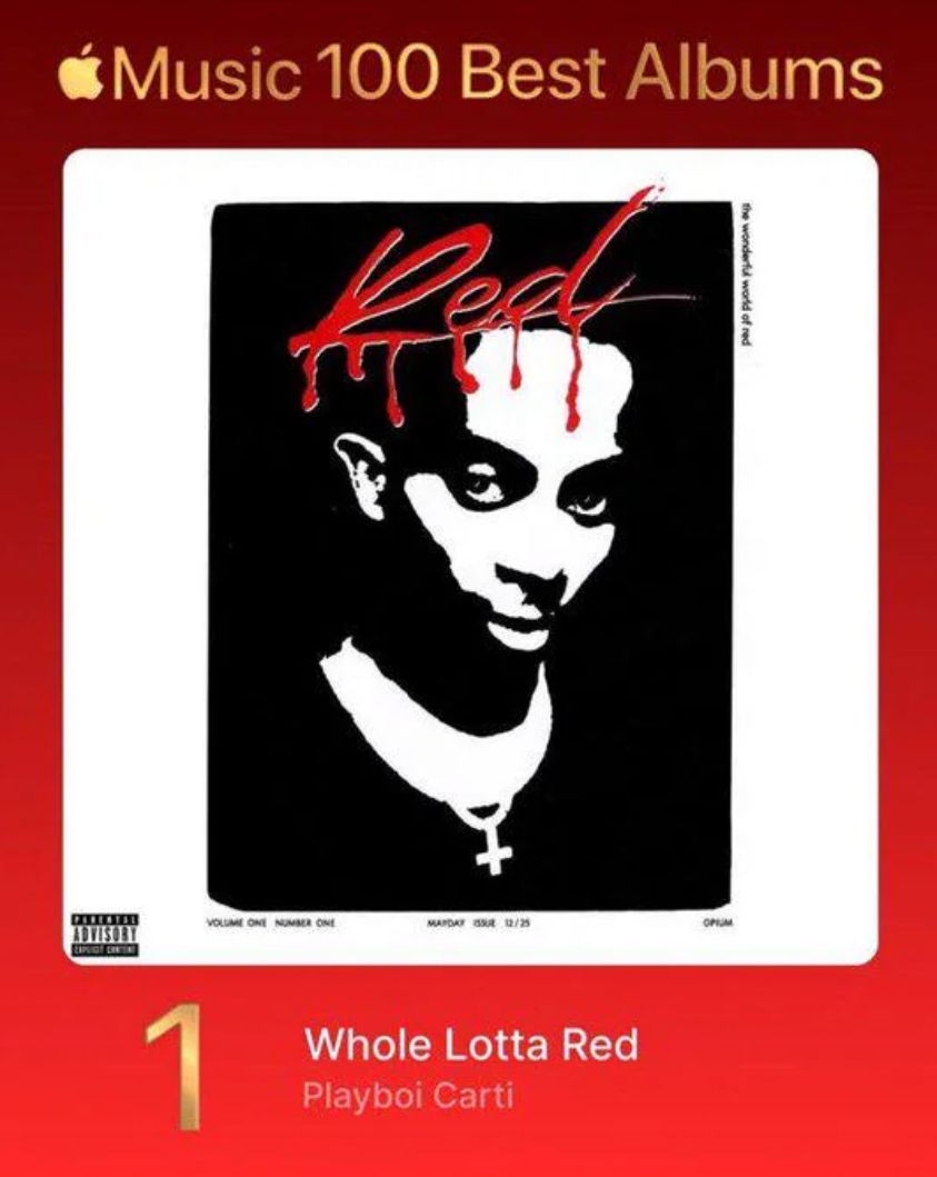 Music 100 Best Albums
the wonderful world of red
VOLUME ONE NUMBER ONE
MAYDAY SU 12/25
OPIUM
ADVISORY
EXPLICE CONTENT
1
Whole Lotta Red
Playboi Carti