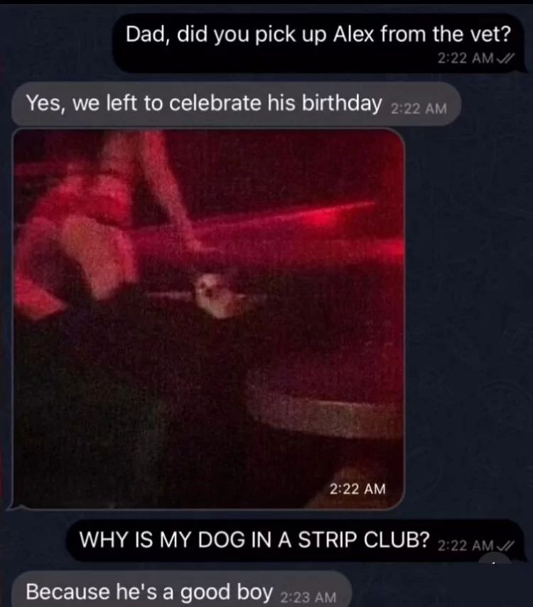 Dad, did you pick up Alex from the vet?
2:22 AM
Yes, we left to celebrate his birthday 2:22 AM
2:22 AM
WHY IS MY DOG IN A STRIP CLUB? 2:22 AM
Because he's a good boy 2:23 AM