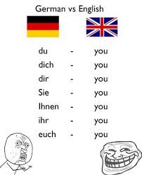 German vs English
du
you
dich
you
dir
you
Sie
you
Ihnen
you
ihr
you
euch
you