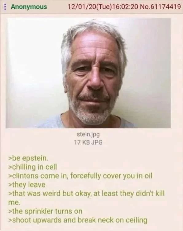 Anonymous
12/01/20(Tue)16:02:20 No.61174419
stein.jpg
17 KB JPG
>be epstein.
>chilling in cell
>clintons come in, forcefully cover you in oil
>they leave
>that was weird but okay, at least they didn't kill
me.
>the sprinkler turns on
>shoot upwards and break neck on ceiling