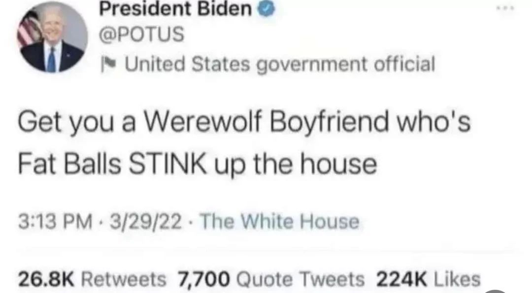 President Biden
@POTUS
United States government official
Get you a Werewolf Boyfriend who's
Fat Balls STINK up the house.
3:13 PM 3/29/22 The White House
26.8K Retweets 7,700 Quote Tweets 224K Likes