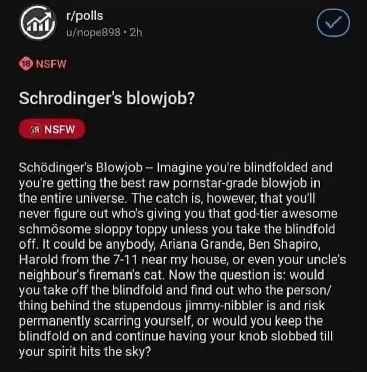 18 NSFW
r/polls
u/nope898 • 2h
Schrodinger's blowjob?
19 NSFW
Schödinger's Blowjob - Imagine you're blindfolded and
you're getting the best raw pornstar-grade blowjob in
the entire universe. The catch is, however, that you'll
never figure out who's giving you that god-tier awesome
schmösome sloppy toppy unless you take the blindfold
off. It could be anybody, Ariana Grande, Ben Shapiro,
Harold from the 7-11 near my house, or even your uncle's
neighbour's fireman's cat. Now the question is: would
you take off the blindfold and find out who the person/
thing behind the stupendous jimmy-nibbler is and risk
permanently scarring yourself, or would you keep the
blindfold on and continue having your knob slobbed till
your spirit hits the sky?