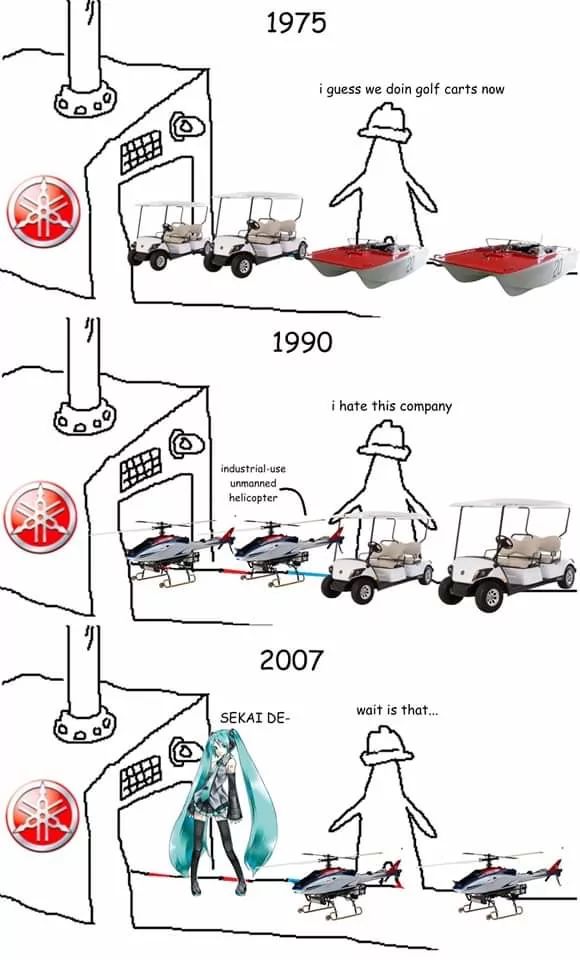 り
1975
i guess we doin golf carts now
1990
industrial-use
unmanned
helicopter
i hate this company
2007
wait is that...
SEKAI DE-