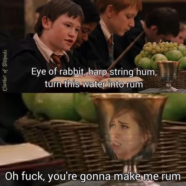 Chamber of Shitposts
Eye of rabbit, harp string hum,
turn this water into rum
Oh fuck, you're gonna make me rum