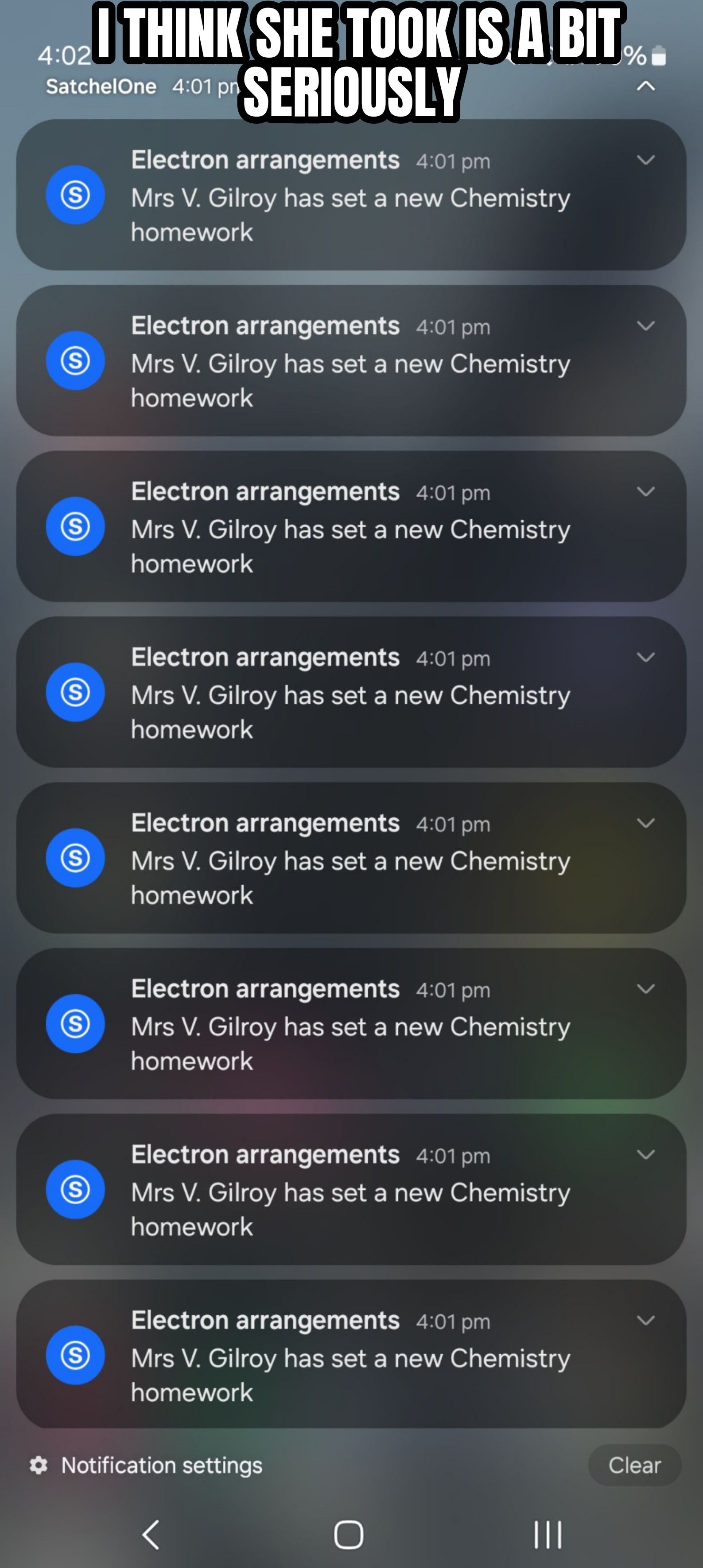 S
S
4:02O THINK SHE TOOK IS A BIT.
SatchelOne 4:01 pm
S
SERIOUSLY
Electron arrangements 4:01 pm
Mrs V. Gilroy has set a new Chemistry
homework
L
S
Electron arrangements 4:01 pm
Mrs V. Gilroy has set a new Chemistry
homework
Electron arrangements 4:01 pm
Mrs V. Gilroy has set a new Chemistry
homework
S
Electron arrangements 4:01 pm
Mrs V. Gilroy has set a new Chemistry
homework
S
Electron arrangements 4:01 pm
Mrs V. Gilroy has set a new Chemistry
homework
S
Electron arrangements 4:01 pm
Mrs V. Gilroy has set a new Chemistry
homework
Electron arrangements 4:01 pm
Mrs V. Gilroy has set a new Chemistry
homework
S
Electron arrangements 4:01 pm
Mrs V. Gilroy has set a new Chemistry
homework
✡ Notification settings
<
|||
Clear
L
L
L
L
L
L