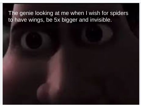 The genie looking at me when I wish for spiders
to have wings, be 5x bigger and invisible.