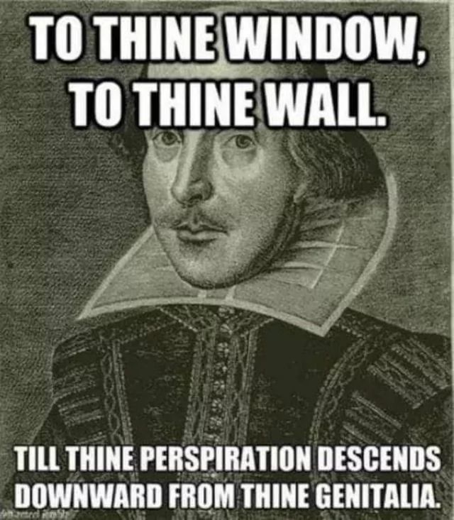 TO THINE WINDOW.
TO THINE WALL.
TILL THINE PERSPIRATION DESCENDS
DOWNWARD FROM THINE GENITALIA.
acted