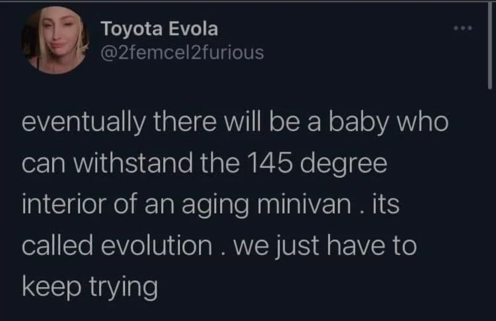 Toyota Evola
@2femcel2furious
eventually there will be a baby who
can withstand the 145 degree
interior of an aging minivan. its
called evolution. we just have to
keep trying