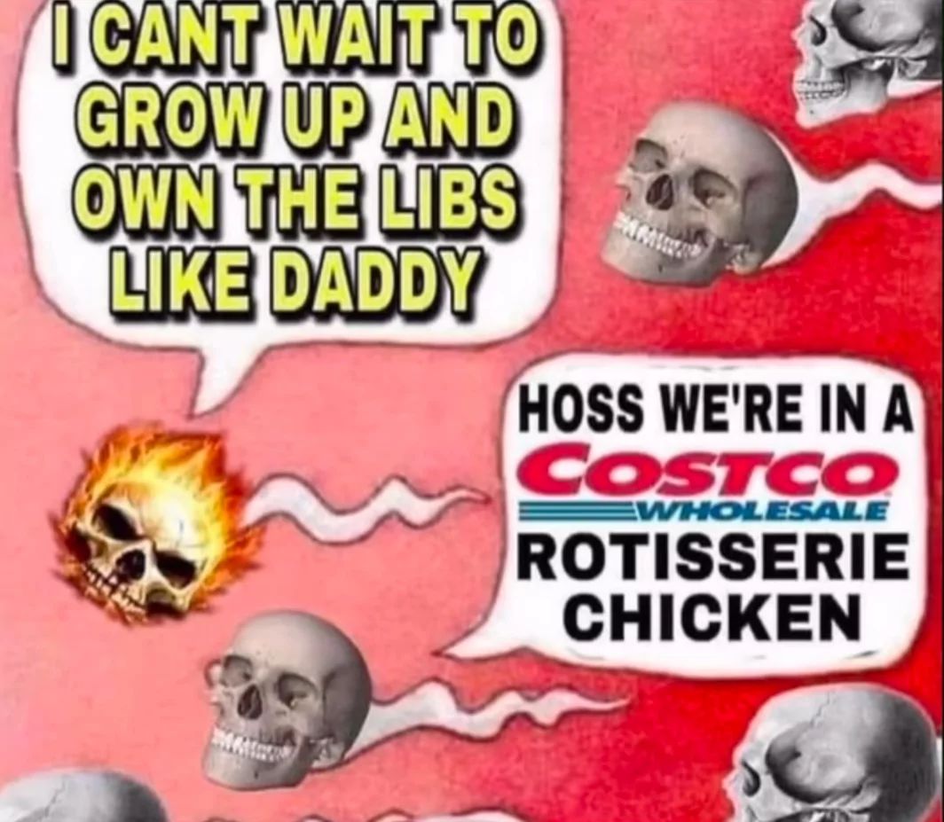 I CANT WAIT TO
GROW UP AND
OWN THE LIBS
LIKE DADDY
HOSS WE'RE IN A
COSTCO
WHOLESALE
ROTISSERIE
CHICKEN