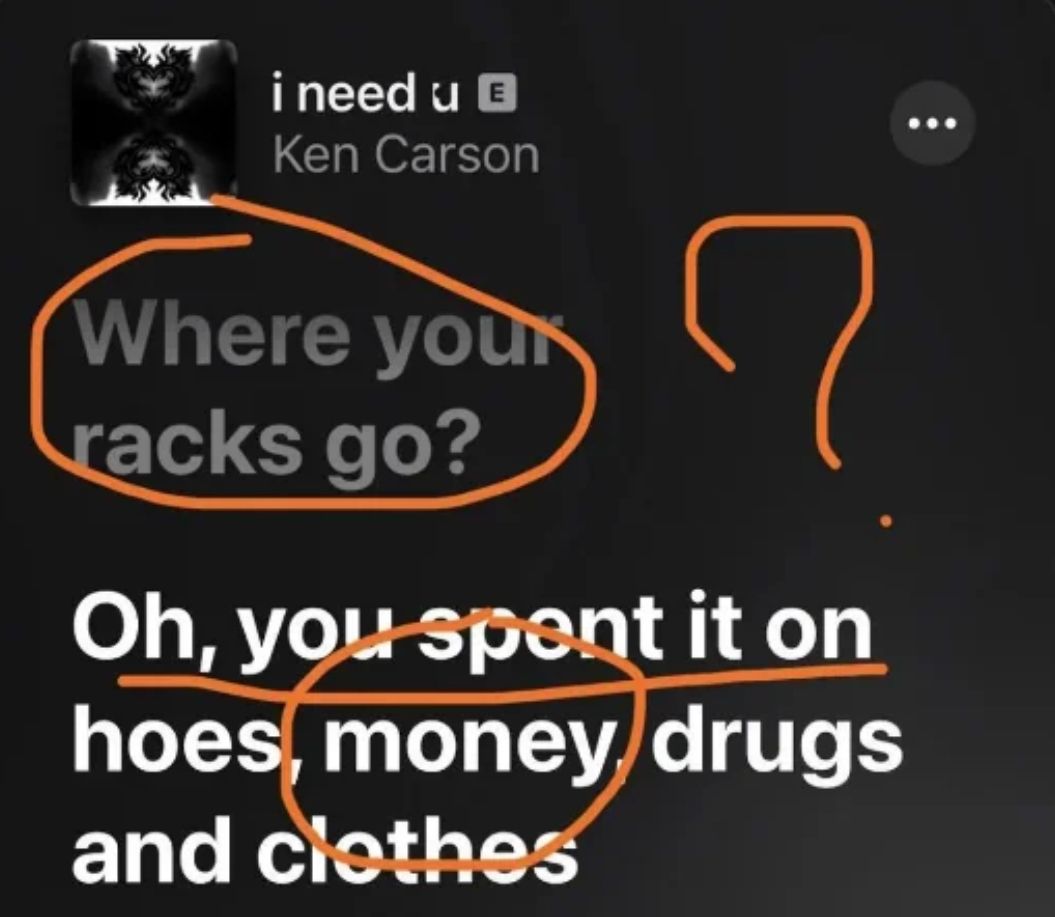 i need u ◉
Ken Carson
Where your
racks go?
C
Oh, you spent it on
hoes, money drugs
and clothes