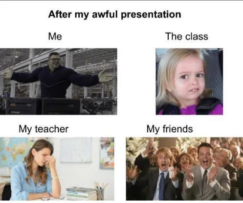 After my awful presentation
Me
The class
My teacher
My friends