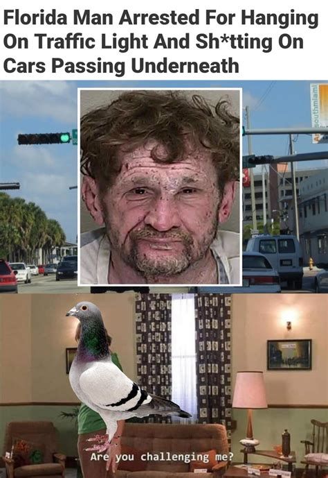 Are you challenging me?
ME
Florida Man Arrested For Hanging
On Traffic Light And Sh*tting On
Cars Passing Underneath
A southmiami