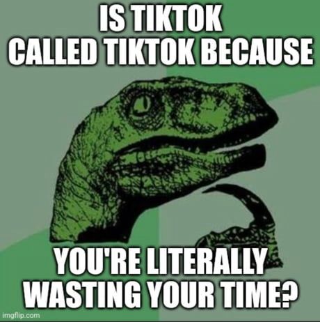 IS TIKTOK
CALLED TIKTOK BECAUSE
六
YOU'RE LITERALLY
WASTING YOUR TIME?
