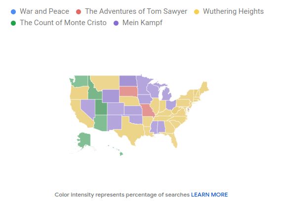 War and Peace The Adventures of Tom Sawyer
The Count of Monte Cristo Mein Kampf
Wuthering Heights
Color Intensity represents percentage of searches LEARN MORE