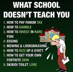 WHAT SCHOOL
DOESN'T TEACH YOU
1. HOW TO PAY FANUM TAX
2. HOW TO GAMBLE
3. HOW TO INVEST IN RARE
FISH
4. EDGING
5. MEWING & LOOKSMAXXING
6. HOW TO RIZZ UP A GYATT
7. HOW TO GET YOUR OWN
FORTNITE SKIN
9. SKIBIDI TOILET LORE