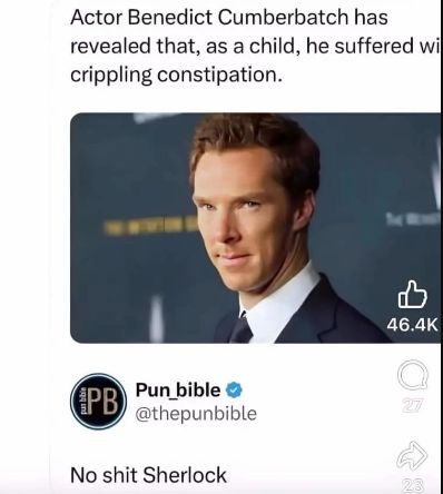 Actor Benedict Cumberbatch has
revealed that, as a child, he suffered wi
crippling constipation.
www
PB Pun_bible
@thepunbible
No shit Sherlock
B
46.4K
23