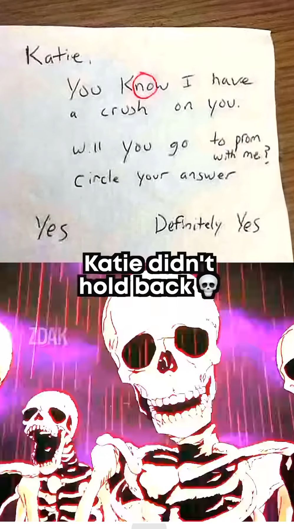 Katie.
Yes
ZDAK
You Know I have
a crush
on you.
will you go to prome?
Circle your answer
Definitely Yes
Katie didn't
hold back