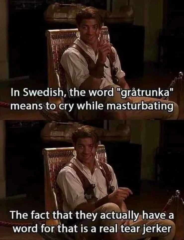 In Swedish, the word "gråtrunka"
means to cry while masturbating
The fact that they actually have a
word for that is a real tear jerker