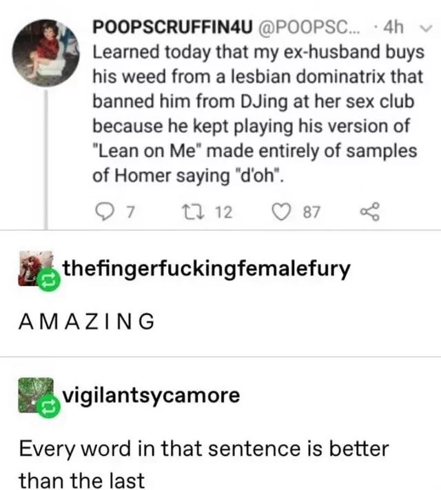 POOPSCRUFFIN4U @POOPSC...
4h
Learned today that my ex-husband buys
his weed from a lesbian dominatrix that
banned him from DJing at her sex club
because he kept playing his version of
"Lean on Me" made entirely of samples
of Homer saying "d'oh".
97
1712
87
thefingerfuckingfemalefury
AMAZING
vigilantsycamore
Every word in that sentence is better
than the last