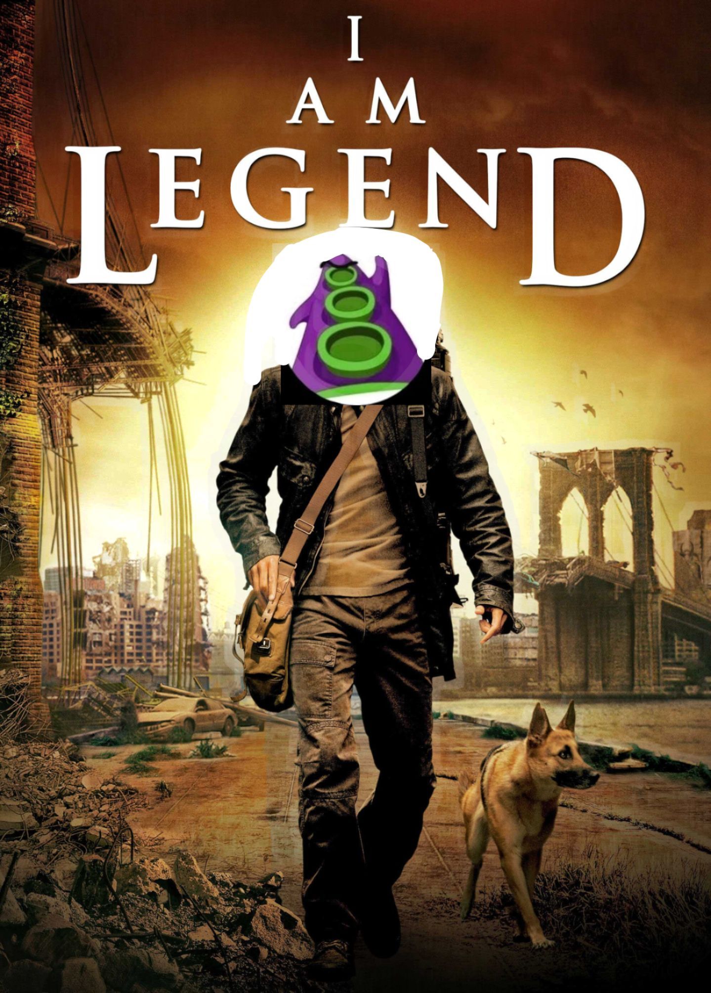 The image is a poster for the movie "I Am Legend", but the head of the main character is replaced by a purple squid with green eyes and suckers. The background shows a ruined city.