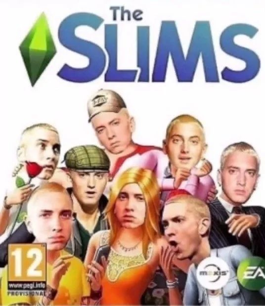 The image shows a parody of the cover art for the video game "The Sims", but the title is changed to "The SLIMS" and the characters on the cover are all replaced with the rapper Eminem in various outfits and poses.