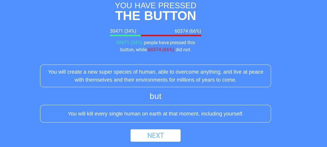 The image displays a text-based poll where people had to decide if they would press a button. It says "YOU HAVE PRESSED THE BUTTON" with the numbers 30471 (34%) and 60374 (66%) on top. The text continues "30471 (34%) people have pressed this button, while 60374 (66%) did not." The poll presents a choice: "You will create a new super species of human, able to overcome anything, and live at peace with themselves and their environments for millions of years to come." The downside is, "but you will kill every single human on earth at that moment, including yourself."