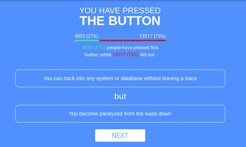 The image shows a blue screen with white text. It states "YOU HAVE PRESSED THE BUTTON" at the top, followed by the numbers 4855 (27%) and 13217 (73%). Below this, it says "4855 (27%) people have pressed this button, while 13217 (73%) did not." The next two lines read "You can hack into any system or database without leaving a trace" and "but" on separate lines.  Finally, it says "You become paralyzed from the waist down." At the bottom there is a white button labeled "NEXT".