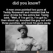 did you know?
A man once pointed two guns at
Teddy Roosevelt and insisted that he
pour drinks for the entire bar. Teddy
said, "Well, if I've got to, I've got to,"
then stood up, knocked the guy out with
three punches, and took his guns away.
PHOTO MEDIA COMMONS
IDOLINOWFACTS.COM