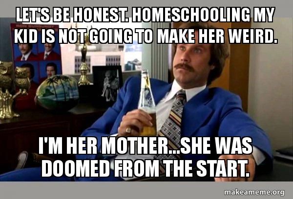 LET'S BE HONEST HOMESCHOOLING MY
KID IS NOT GOING TO MAKE HER WEIRD.
I'M HER MOTHER...SHE WAS
DOOMED FROM THE START.
makeameme.org