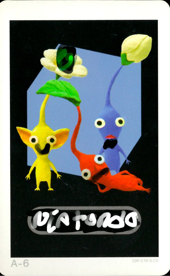 The image shows a white card with four cartoon-like Pikmin characters against a blue background. The yellow, red, and purple characters have large eyes and look silly. Below them in a white rounded font is written "Nintondo".