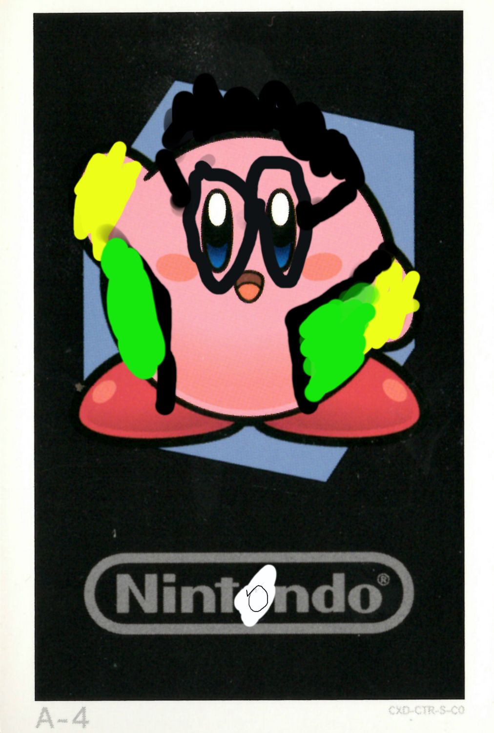 A pink, round character with a black drawn on wig and glasses in front of a blue background on a card labeled "Nintendo".